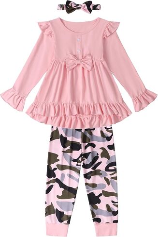 Toddler Girl Clothes Solid Color and Ruffled Sleeve Tops Floral Pants with Headband Fall Winter Toddler Girl Outfits in Kuwait