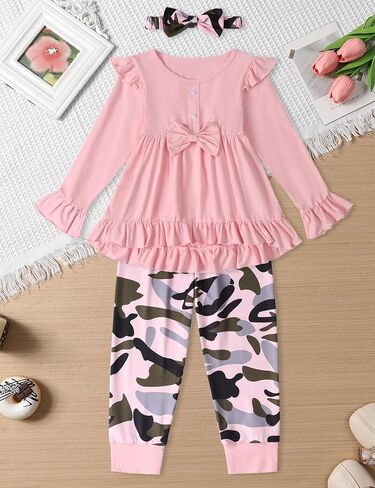 Toddler Girl Clothes Solid Color and Ruffled Sleeve Tops Floral Pants with Headband Fall Winter Toddler Girl Outfits in Kuwait