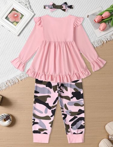 Toddler Girl Clothes Solid Color and Ruffled Sleeve Tops Floral Pants with Headband Fall Winter Toddler Girl Outfits in Kuwait
