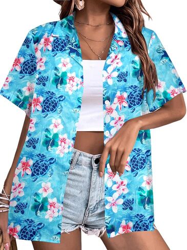 Womens Hawaiian Shirt Hawaii Button Down Shirts Palm Floral Tropical Vacation Outfits Casual Summer Trip Blouse Top in Saudi Arabia