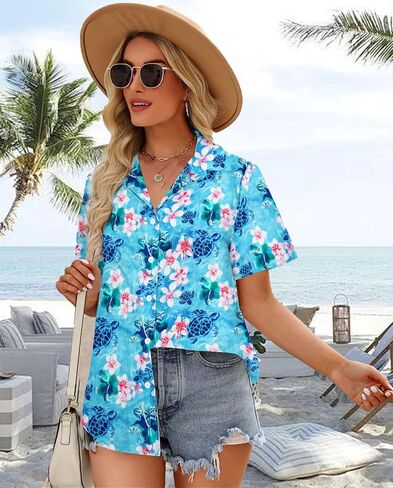 Womens Hawaiian Shirt Hawaii Button Down Shirts Palm Floral Tropical Vacation Outfits Casual Summer Trip Blouse Top in Saudi Arabia