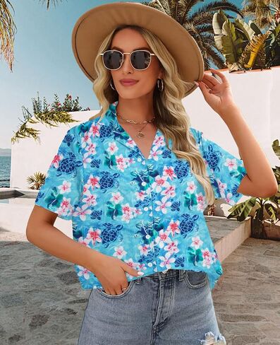 Womens Hawaiian Shirt Hawaii Button Down Shirts Palm Floral Tropical Vacation Outfits Casual Summer Trip Blouse Top in Saudi Arabia