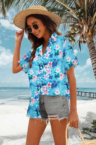 Womens Hawaiian Shirt Hawaii Button Down Shirts Palm Floral Tropical Vacation Outfits Casual Summer Trip Blouse Top in Saudi Arabia