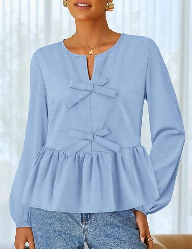 ZESICA Women's Long Sleeve Babydoll Tops Crewneck Tie Front Casual Loose Ruffle Flowy Peplum Shirts 2025 Fall Blouses in Saudi Arabia
