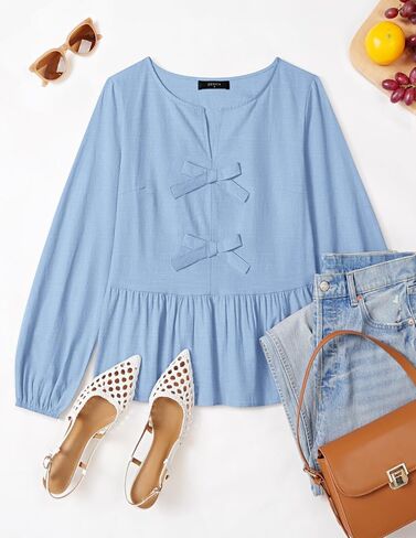 ZESICA Women's Long Sleeve Babydoll Tops Crewneck Tie Front Casual Loose Ruffle Flowy Peplum Shirts 2025 Fall Blouses in Saudi Arabia