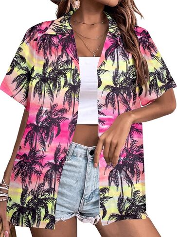 Womens Hawaiian Shirt Hawaii Button Down Shirts Palm Floral Tropical Vacation Outfits Casual Summer Trip Blouse Top in Kuwait
