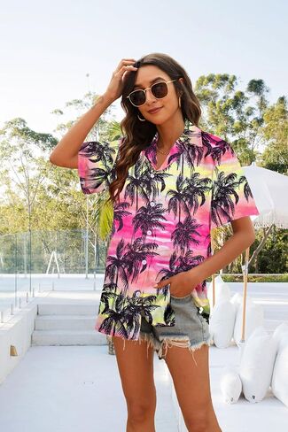 Womens Hawaiian Shirt Hawaii Button Down Shirts Palm Floral Tropical Vacation Outfits Casual Summer Trip Blouse Top in Kuwait