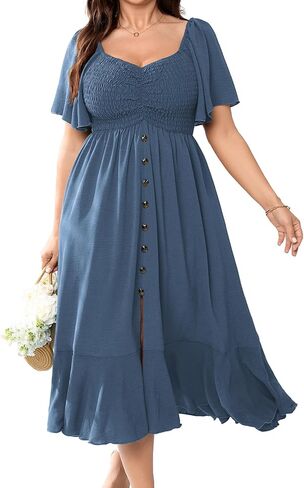 Plus Size Maxi Casual Boho Dress Short Sleeve Smocked Semi Formal Wedding Guest Dresses for Curvy Women Button Down in Saudi Arabia