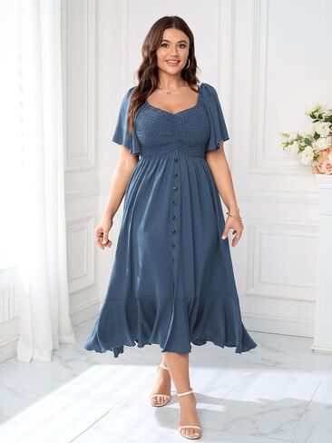 Plus Size Maxi Casual Boho Dress Short Sleeve Smocked Semi Formal Wedding Guest Dresses for Curvy Women Button Down in Saudi Arabia