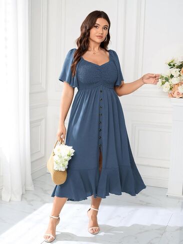 Plus Size Maxi Casual Boho Dress Short Sleeve Smocked Semi Formal Wedding Guest Dresses for Curvy Women Button Down in Saudi Arabia