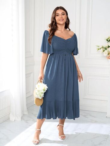 Plus Size Maxi Casual Boho Dress Short Sleeve Smocked Semi Formal Wedding Guest Dresses for Curvy Women Button Down in Saudi Arabia