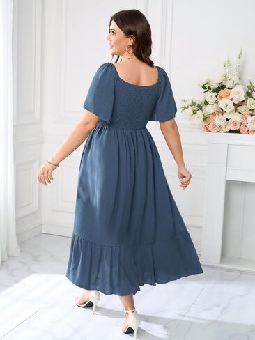Plus Size Maxi Casual Boho Dress Short Sleeve Smocked Semi Formal Wedding Guest Dresses for Curvy Women Button Down in Saudi Arabia