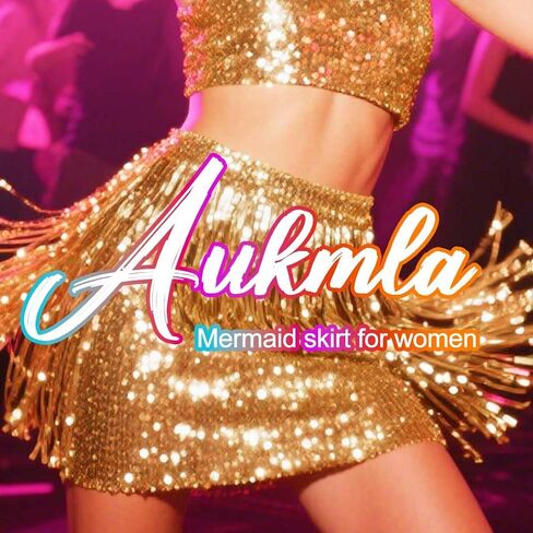 Aukmla Sequin Fringe Skirt Sparkly Belly Dance Mermaid Costume Clorts in Saudi Arabia