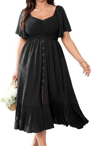 Plus Size Maxi Casual Boho Dress Short Sleeve Smocked Semi Formal Wedding Guest Dresses for Curvy Women Button Down in Kuwait