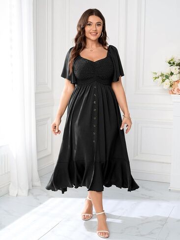 Plus Size Maxi Casual Boho Dress Short Sleeve Smocked Semi Formal Wedding Guest Dresses for Curvy Women Button Down in Kuwait