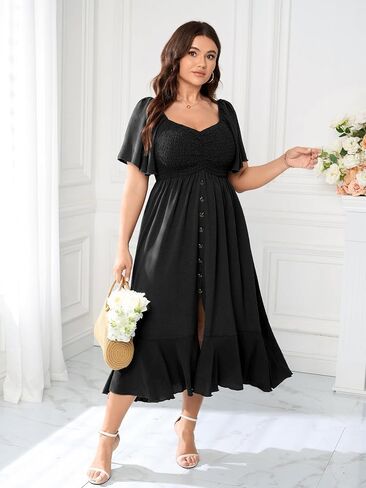Plus Size Maxi Casual Boho Dress Short Sleeve Smocked Semi Formal Wedding Guest Dresses for Curvy Women Button Down in Kuwait