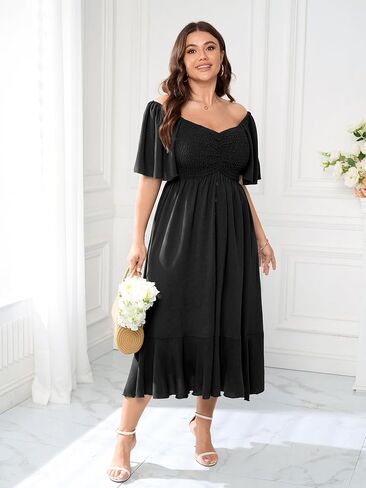 Plus Size Maxi Casual Boho Dress Short Sleeve Smocked Semi Formal Wedding Guest Dresses for Curvy Women Button Down in Kuwait