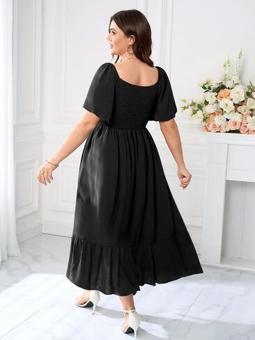 Plus Size Maxi Casual Boho Dress Short Sleeve Smocked Semi Formal Wedding Guest Dresses for Curvy Women Button Down in Kuwait