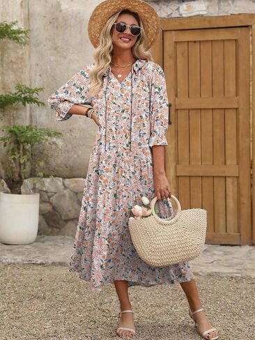 أنرابس نساء بوهو ماكسي فساتين 2025 الصيف عارضة V الرقبة نفخة الأكمام الأزهار متدرجة تدفق الأرجوحة الشاطئ in Saudi Arabia