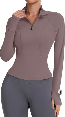 Avoogue Womens Long Sleeve Tops Quick Dry Quarter Zip Pullover Crop Slim Fit Thetletic Golf Tirts مع ثقوب الإبهام in Kuwait