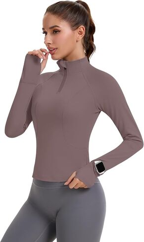 Avoogue Womens Long Sleeve Tops Quick Dry Quarter Zip Pullover Crop Slim Fit Thetletic Golf Tirts مع ثقوب الإبهام in Kuwait