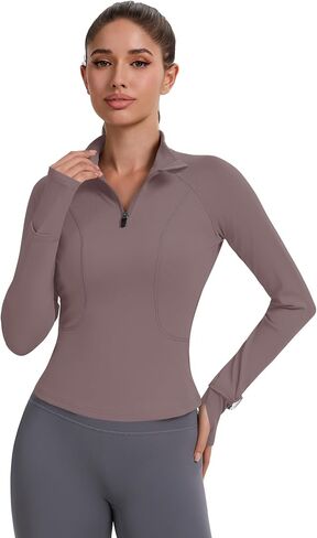 Avoogue Womens Long Sleeve Tops Quick Dry Quarter Zip Pullover Crop Slim Fit Thetletic Golf Tirts مع ثقوب الإبهام in Kuwait