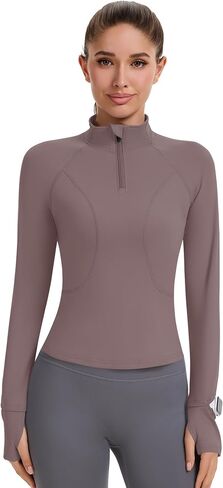 Avoogue Womens Long Sleeve Tops Quick Dry Quarter Zip Pullover Crop Slim Fit Thetletic Golf Tirts مع ثقوب الإبهام in Kuwait