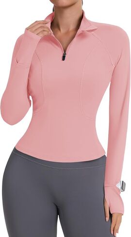 Avoogue Womens Long Sleeve Tops Quick Dry Quarter Zip Pullover Crop Slim Fit Thetletic Golf Tirts مع ثقوب الإبهام in Kuwait