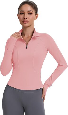 Avoogue Womens Long Sleeve Tops Quick Dry Quarter Zip Pullover Crop Slim Fit Thetletic Golf Tirts مع ثقوب الإبهام in Kuwait