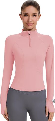 Avoogue Womens Long Sleeve Tops Quick Dry Quarter Zip Pullover Crop Slim Fit Thetletic Golf Tirts مع ثقوب الإبهام in Kuwait