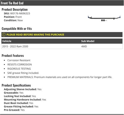مجموعة قضيب الربط التوجيهية الأمامية - متوافقة مع 2015-2022 RAM 2500 4WD in Kuwait