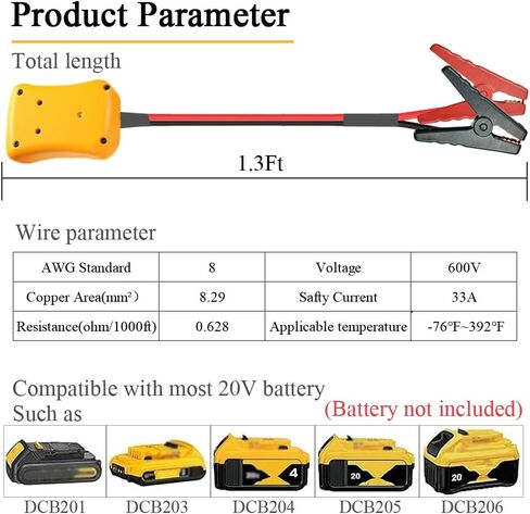 كابلات الطائر مع محول متوافق مع بطارية DeWalt 20V ، بطارية 8AWG المحمولة المحمولة Dewalt Jumper Starter Automotive Booster Cables Power for Car Jump Starting باستخدام أداة in Kuwait