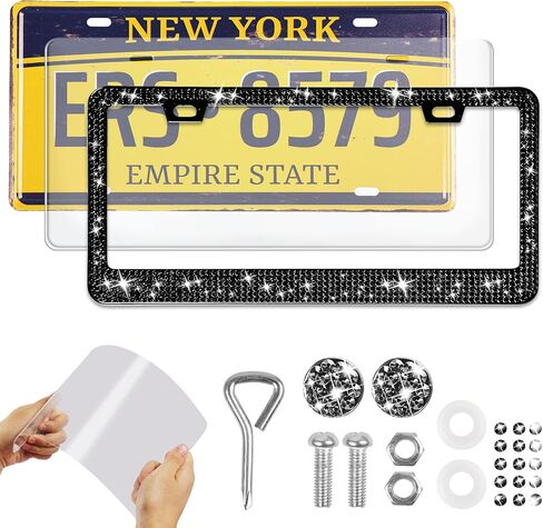 OTOEZ Black Bling License Plate Frame and Clear Cover Set for Women Sparkle Rhinestone Diamond License Plate Frame with Clear License Plate Protector for All Car Truck SUV (1 pc, Black) in Kuwait