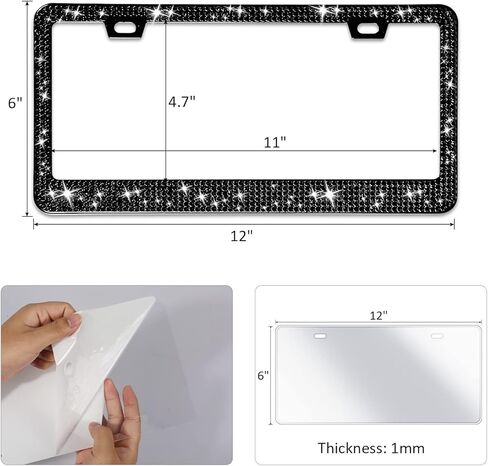 OTOEZ Black Bling License Plate Frame and Clear Cover Set for Women Sparkle Rhinestone Diamond License Plate Frame with Clear License Plate Protector for All Car Truck SUV (1 pc, Black) in Kuwait