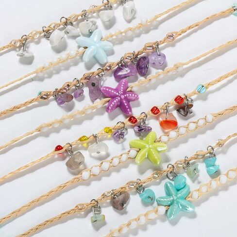 Link Bracelets Set Handmade Woven Raffia Stones Friendship Wrist Chains Summer Ocean Style Purple/Green/Light Blue/Lake Blue, Lobster Clasp & Heart-Shaped Magnetic Clasp in Saudi Arabia