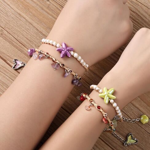 Link Bracelets Set Handmade Woven Raffia Stones Friendship Wrist Chains Summer Ocean Style Purple/Green/Light Blue/Lake Blue, Lobster Clasp & Heart-Shaped Magnetic Clasp in Saudi Arabia