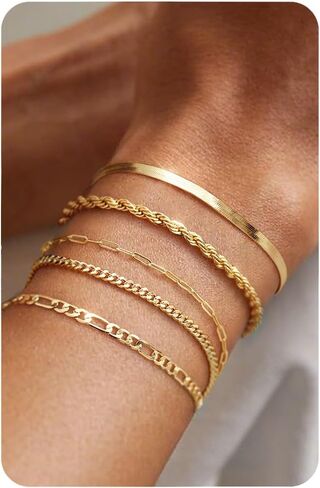Krfy 5 Pcs Gold Silver Bracelets for Women Trendy Bracelet Stack Non Tarnish Waterproof Bracelets for Women Fashion Accessories with Paperclip Herringbone Figaro Cuban Twist Chains in Kuwait