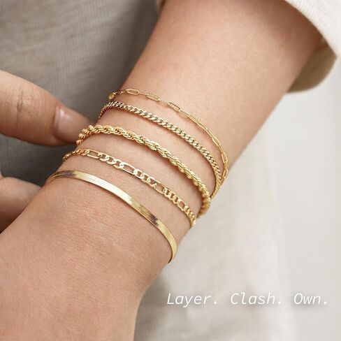 Krfy 5 Pcs Gold Silver Bracelets for Women Trendy Bracelet Stack Non Tarnish Waterproof Bracelets for Women Fashion Accessories with Paperclip Herringbone Figaro Cuban Twist Chains in Kuwait
