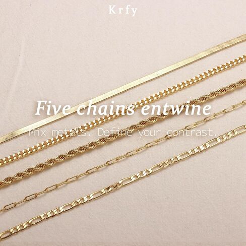 Krfy 5 Pcs Gold Silver Bracelets for Women Trendy Bracelet Stack Non Tarnish Waterproof Bracelets for Women Fashion Accessories with Paperclip Herringbone Figaro Cuban Twist Chains in Kuwait