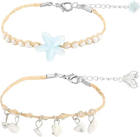 Link Bracelets Set Handmade Woven Raffia Stones Friendship Wrist Chains Summer Ocean Style Purple/Green/Light Blue/Lake Blue, Lobster Clasp & Heart-Shaped Magnetic Clasp in Saudi Arabia