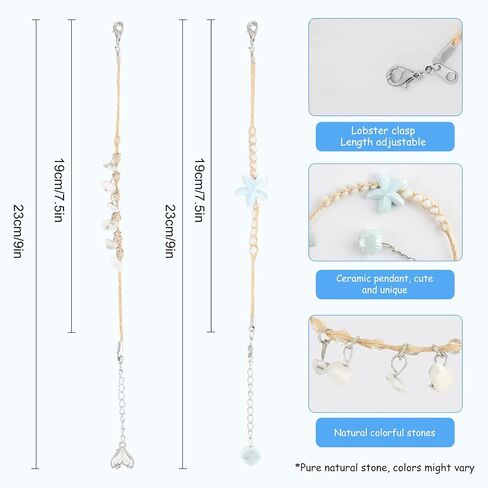 Link Bracelets Set Handmade Woven Raffia Stones Friendship Wrist Chains Summer Ocean Style Purple/Green/Light Blue/Lake Blue, Lobster Clasp & Heart-Shaped Magnetic Clasp in Saudi Arabia