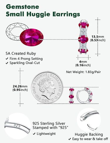 Small Hoop Earrings for Women Hypoallergenic 925 Sterling Silver 13.5mm Thick Huggie Earrings Hoops Created Gemstone Diamond Birthstone Wedding Earrings in Saudi Arabia
