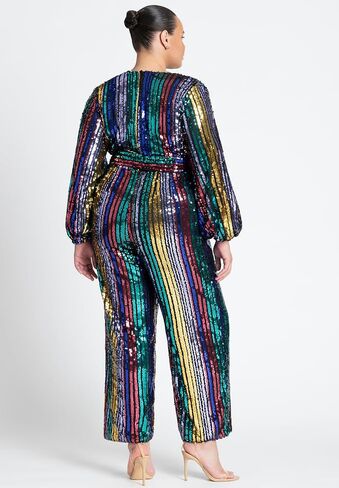 ELOQUII Women's Plus Size Multicolor Stripe Sequin Jumpsuit in Saudi Arabia