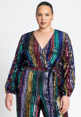 ELOQUII Women's Plus Size Multicolor Stripe Sequin Jumpsuit in Saudi Arabia