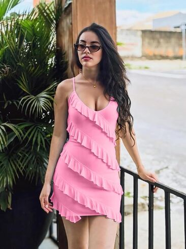 HOCILLE Women's Sexy Bodycon V Neck Sleeveless Spaghetti Strap Mesh Ruched Club Party Mini Short Dress in Kuwait