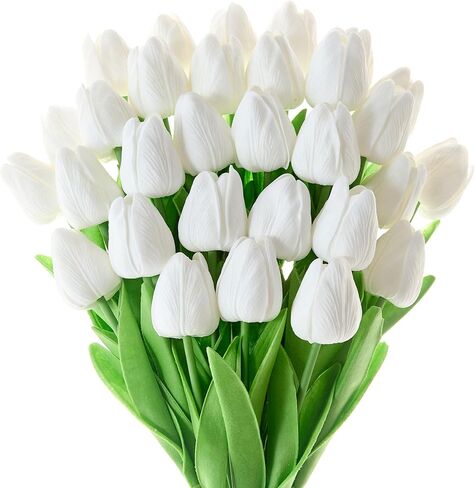 30 Pcs White Tulips Artificial Flowers Fake White Tulips Fake Tulip Flowers Real Touch 13" Silk Flower for Bulk Home Kitchen Wedding Party Valentine's Mother's Decorations(White) in Saudi Arabia