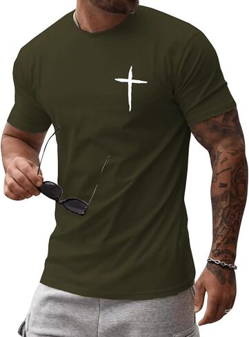 Mens Short Sleeve Cotton T-Shirts Crew Neck Jesus Cross Printed Shirts Faith Christ Shirts in Kuwait