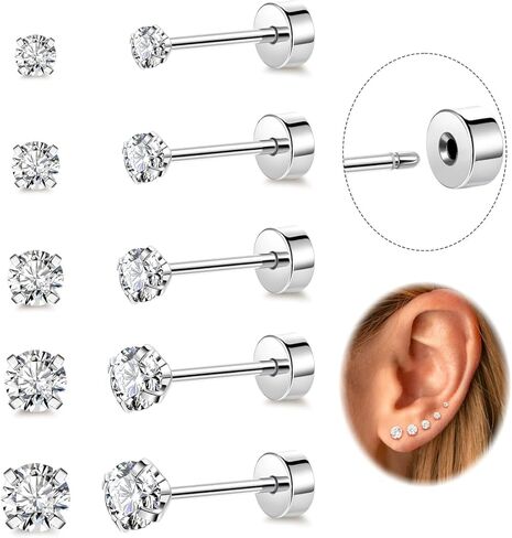 5 أزواج 20G 316L الفولاذ المقاوم للصدأ أقراط مسطحة الظهر للنساء والرجال 5A مكعب زركونيا دفع في أقراط اللولب الغضروف الزنمة أقراط 2-6 مم in Kuwait