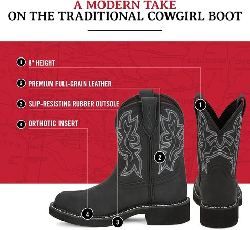 Justin Gypsy Kay 8" Cowboy Boots for Women - Premium Full-Grain Leather Women’s Cowgirl Boots with Removable Orthotic Footbed, Slip-Resistant Rubber Outsole in Saudi Arabia