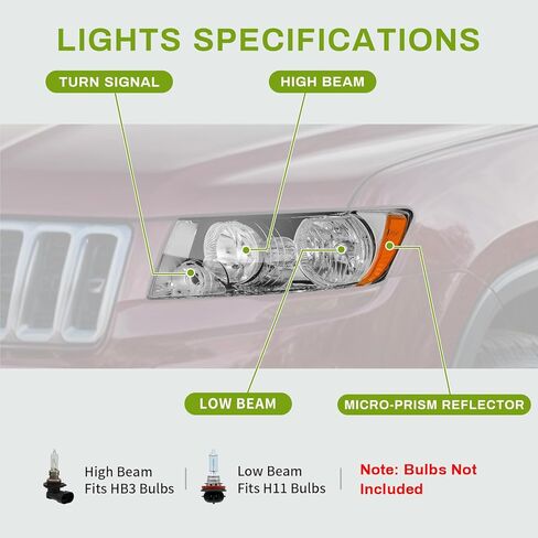 AutoSaver88 مجموعة مصباح الأماكن الأمامية متوافقة مع Grand Cherokee 1999 2000 2001 2002 2003 2004 استبدال OE المصابيح الأمامية العنبر العاكس Chrome Housing in Saudi Arabia